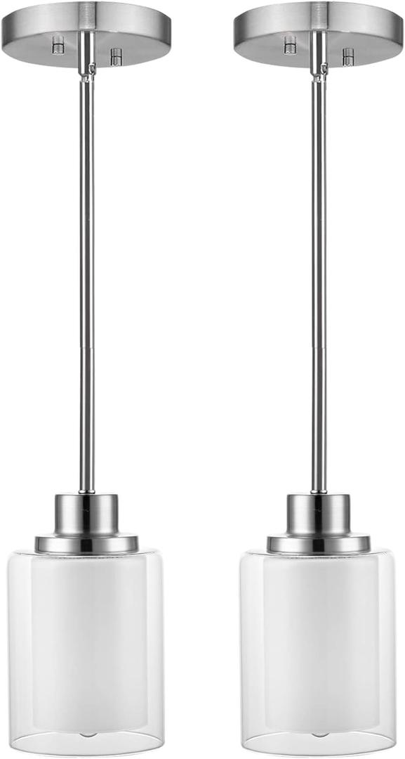 1-Light Mini Pendant Light Fixtures, 2-Pack Modern Hanging Ceiling Light, Adjustable Height, Brushed Nickel Pendant Lighting with Dual Glass for Kitchen Island Bedroom Hallway (White Frosted and Clear Glass)