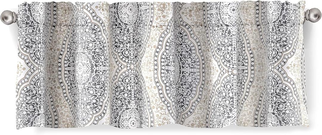 DriftAway Adrianne Damask and Floral Pattern Window Curtain Valance Single 52 Inch by 14 Inch Plus 1.75 Inch Header Beige and Gray