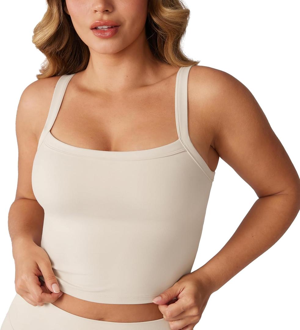 Hugcurve Adjustable Longline Sports Bra Square Neck Workout Tank Crop Tops for Women with Built in Bra Padded Camisole (Large, Stardust)