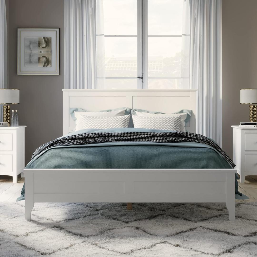 Merax Modern Solid Wood Queen Size Platform Bed with Headboard, No Box Spring Needed, Easy Assembly, White