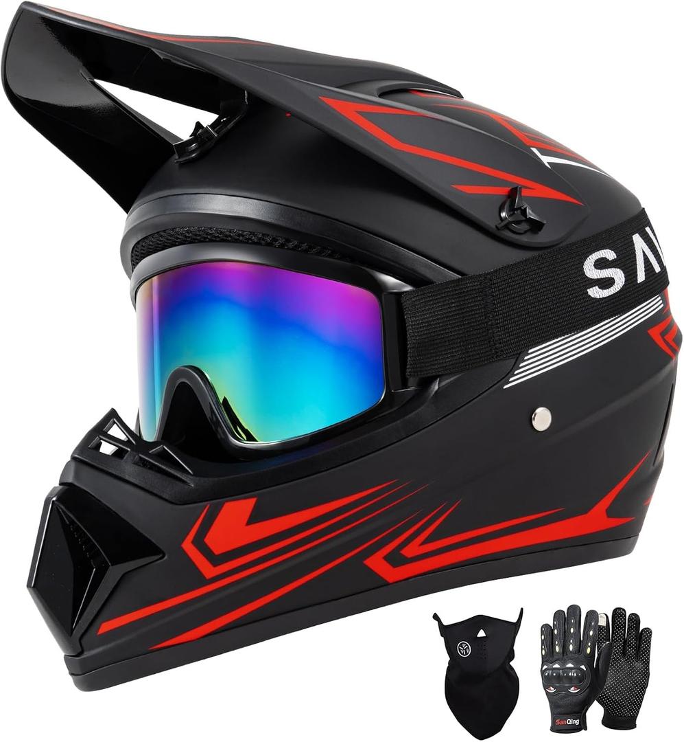 SPARK DOT Approved Youth Motocross Helmet Kids Dirt Bike Helmets - Full Face, Lightweight & Breathable for Off-Road E-Bike BMX MX ATV (with Gloves Goggles Mask) 4Pcs Set, Black Red, Small(55-56cm)