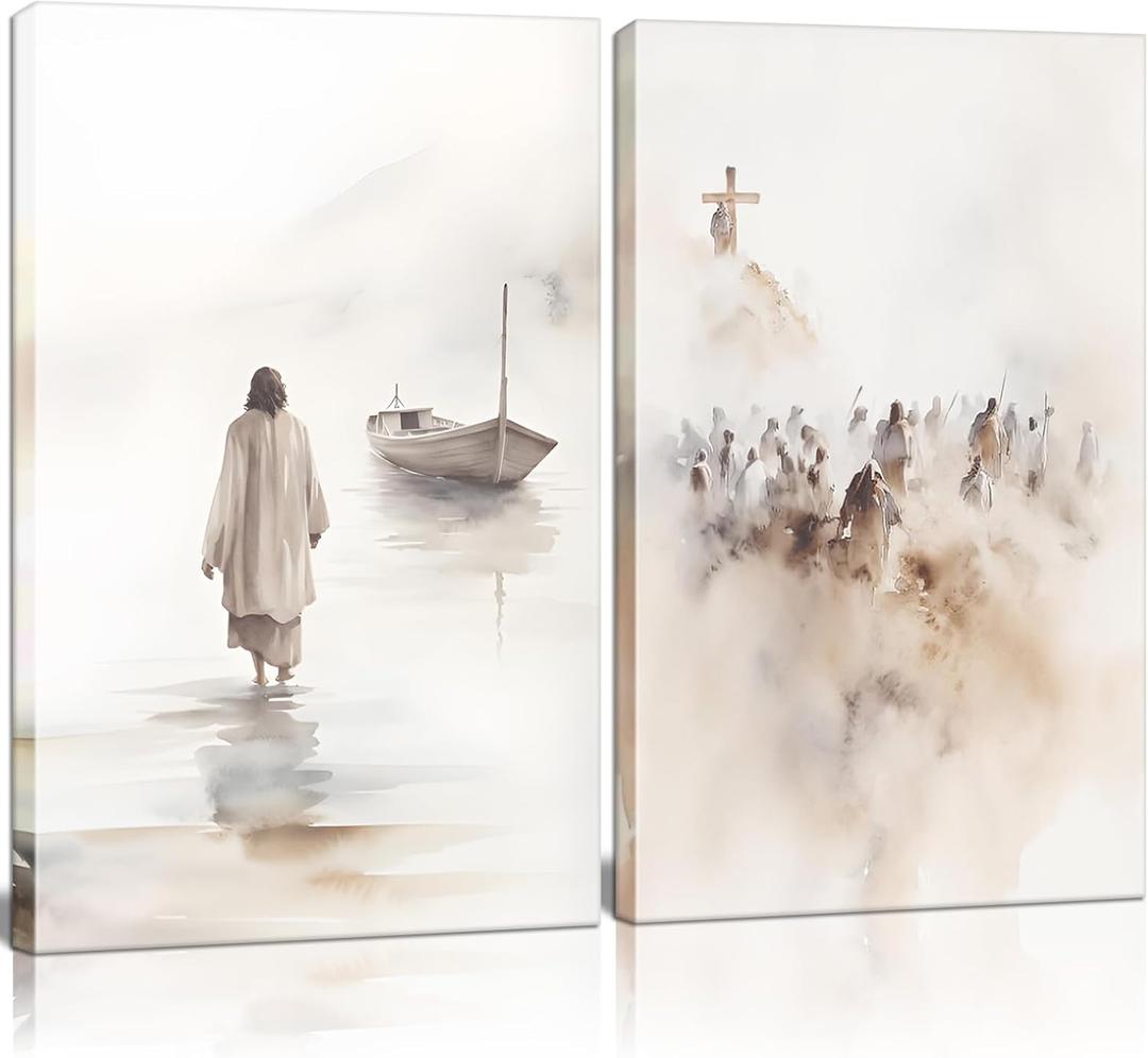 2Pcs Framed Jesus Wall Art Christian Bible Canvas Wall Decor God Poster Minimalist Boho Home Pictures Posters Prints Religious Paintings Room Bedroom Church Decorations Ready to Hang 12x16Inch (white)