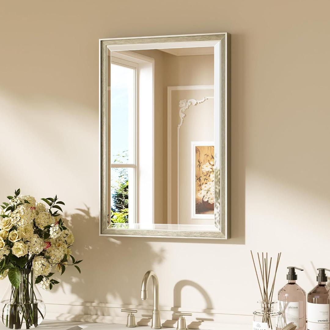 Keonjinn 16" x 24" Brushed Nickel Framed Mirror, Silver Bathroom Mirrors Beveled Edge, Decorative Aluminum Alloy Frame, Tempered Glass, Shatterproof, Modern Farmhouse Rectangular Mirror for Hallway