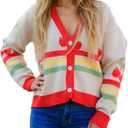 MISS SPARKLING Womens Knit Cardigan Sweater Button Down Long Sleeve V Neck Casual Loose Fit Jacket Lightweight Outerwear (X-Large, Peach Multi)