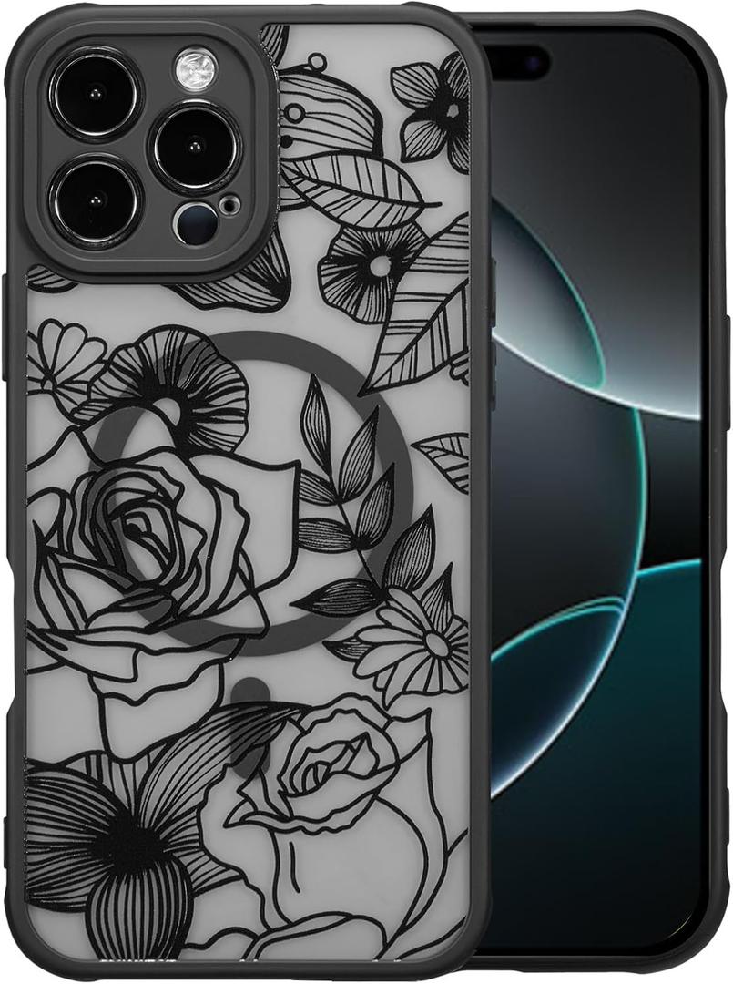 XIZYO Magnetic Case for iPhone 16 Pro Floral Rose Cute Phone Case [Compatible with Magsafe] for Women Girls Aesthetic Pattern Slim TPU Shockproof Bumper Cover, Black