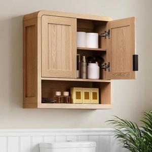Wall Mounted Bathroom Storage Cabinet with Adjustable Shelf, Wooden Medicine Cabinet Over The Toilet Organizer for Space Saving, Modern Farmhouse Style, Natural Oak, 24.6" W x 7.87" D x 25.59" H