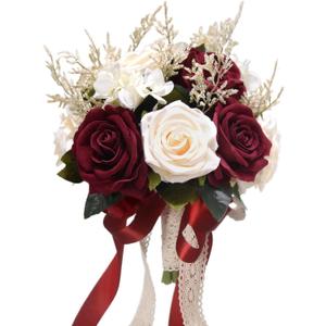 8.6in Wedding Bouquets for Bride Bridesmaid,White Champagne Red Burgundy Rose Artificial Fake Silk Flowers Bridal Bouquets for Wedding With Ribbon Handle Boho Rustic Church Decoration Toss Bouquet