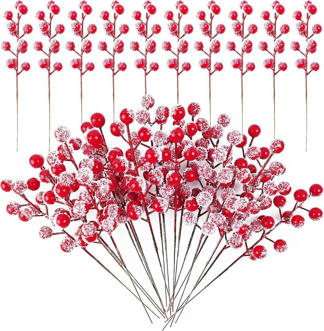 RONYOUNG 32PCS 9" Artificial Holly Berry Stems Christmas Berry Picks Sprays Snowy Fake Red Berries for Christmas Tree Branches Fillers Ornaments Valentine DIY Crafts Wedding Home Party Winter Decor