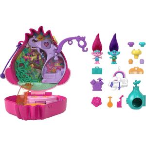 Polly Pocket Trolls Compact Playset with 2 Micro Dolls &13 Accessories, Poppy Exterior with Soft Hair, Collectible Toy Includes Poppy & Branch