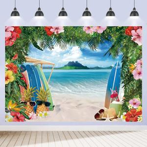 Hawaiian Beach Backdrop 7x5ft Ocean Island Summer Tropical Palm Tree Leaves Surfboard Photo Background Luau Aloha Hawaii Party Decorations Sea Seaside Birthday Wedding Banner Decor Fabric Polyester