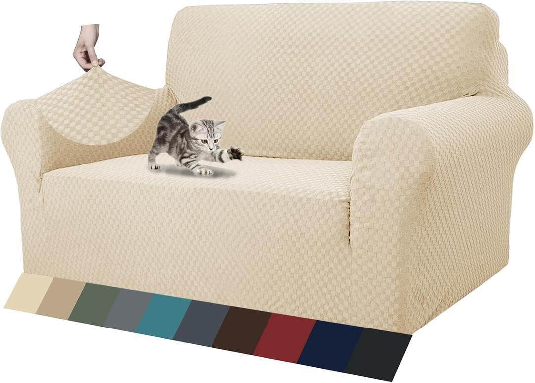 ZNSAYOTX 1 Piece Jacquard Couch Covers for 2 Cushion Couch High Stretch Loveseat Slipcover for Pets Dogs Anti Slip Love Seat Sofa Slipcover Furniture Protector (Loveseat, Light Beige)