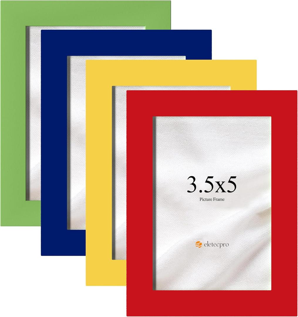 eletecpro 3.5x5 Picture Frames Set of 4, Colorful Photo Frame for Kids Made of Engineered Wood and Acrylic Display 3.5x5 Photos, Cute Home Decor for Wall & Tabletop (Red, Yellow, Blue, Green)