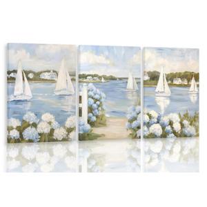 3Pcs Blue Seaside Hydrangea Canvas Wall Art Coastal Sailboat Pictuer Wall Summer Seaside Garden Prints Vintage Hydrangea Poster Seascape Landscape Pictures Painting For Beach House Living Room Bedroom 16x24in(Stretched Canvas On A Wooden Frame)