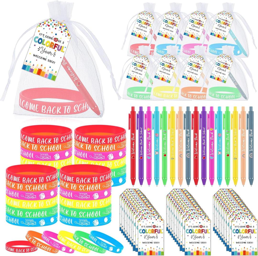 Janlaugh 32 Set Back to School Student Gifts Set Bulk Welcome School Rubber Bracelet Rainbow Ballpoint Pens Motivational Inspirational Favor Bags Label Tags for Teacher Classroom Rewards