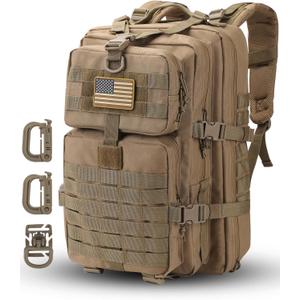 Hannibal Tactical MOLLE Assault Pack, Tactical Backpack Military Army Camping Rucksack, 3-Day Pack Trip w/USA Flag Patch, D-Rings, Coyote