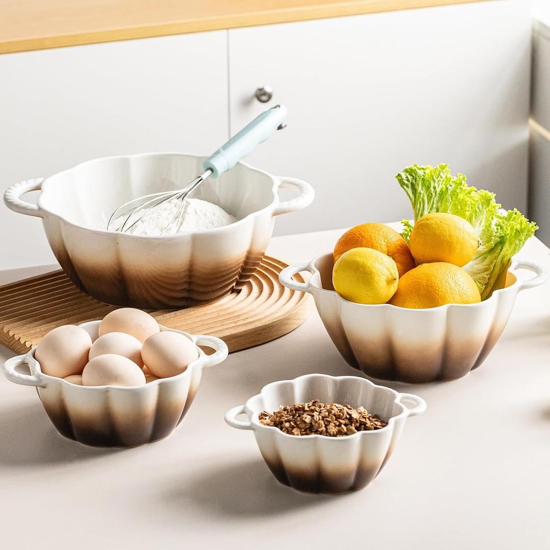 Ceramic Mixing Bowls Set for Kitchen, Large Nesting Bowls with Handles Set of 4, Deep Food Storage Containers for Cooking, Serving, Baking, Salad, Oven, Microwave and Dishwasher Safe (white brown)