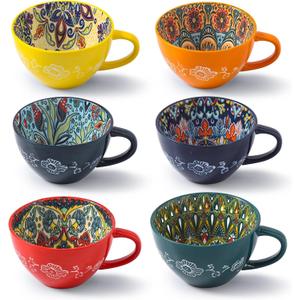Coffee Mug Set of 6, 15 oz Boho Coffee Mug Ceramic with Handle, Porcelain Tea Cups Set, 6 Pcs Coffee Cups for Cappuccino and Latte, Microwave & Dishwasher Safe, Ideal Gift for Family/Friend