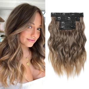 Clip in Hair Extensions, 14" Beach Wave Brown Hair, 4PCS Natural Soft Synthetic Hairpiece - Light Brown with Golden Ends