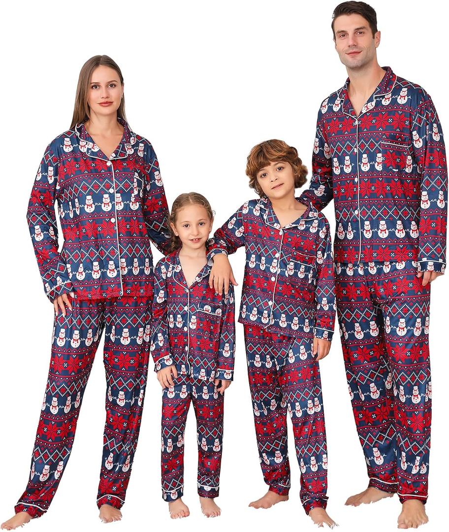 ANGELGGH Family Christmas PJs Matching Sets Long Sleeve Festival Party Pajamas Holiday Warm Sleepwear Couples Button Loungewear (Women, L, Striped Snowman)
