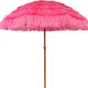 AMMSUN 7.5ft Hula Thatched Tiki Patio Beach Umbrella Hawaiian Style 10 Ribs UPF 50+ with Tilt Carry Bag for Outdoor Tiki Bar, Tropical Palapa, Patio Garden Beach Pool Backyard Pink