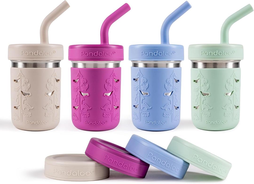 Pandaloo Smoothie Cups for Kids - Stainless Steel Toddler Tumbler with Straw, Sippy Cup for Smoothies - BPA-Free, Toddler Snack Cups, 10 oz (Pack of 4, Creamy Mushroom/Purple/Blue/Sage)