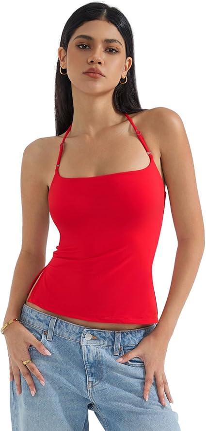 SUUKSESS Women Halter Double Lined Tank Top Backless Going Out Camisole Crop Top (Medium, Dream Red)