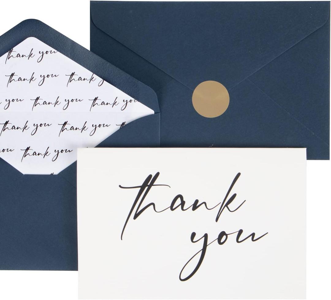 AZAZA 50 Bulk Thank You Cards with Envelopes 4x6, Navy Blue Thank You Cards 2 Minimalistic Designs, Funeral Thank You Cards with Envelopes, Blue Thank You Note and Gold Stickers for Wedding