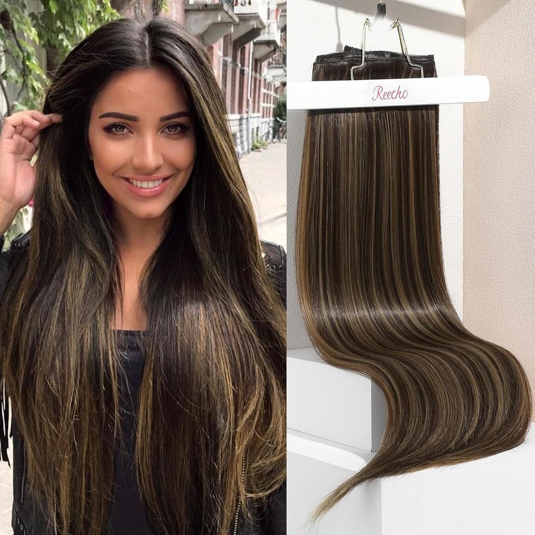 REECHO Clip in Hair Extensions, Hair Extensions Thick Long Lace Weft Lightweight Synthetic Hairpieces for Women (24 Inch-240 Gram(Pack of 5), Dark Brown with Highlights)