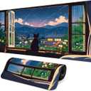 2 x Black Cat Perched on a Windowsill Gaming Mouse Pad with Non-Slip Rubber Base, Large Kawaii Anime Mousepad with Stitched Edges, Long Keyboard Mat for Laptop and Mouse, 31.5 x 11.8 inches