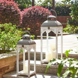 Glitzhome Lanterns Decorative Indoor, 2 Pack Modern Farmhouse Candle Lanterns, Wooden Hanging Lanterns with Metal Top Floor Candle Lanterns for Home Decor, Weddings, Parties, Holiday (No Glass)