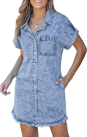 luvamia Denim Dress for Women Button Down Short Sleeves Casual Summer Jean Shirt Dresses with Pockets Frayed Hem XL