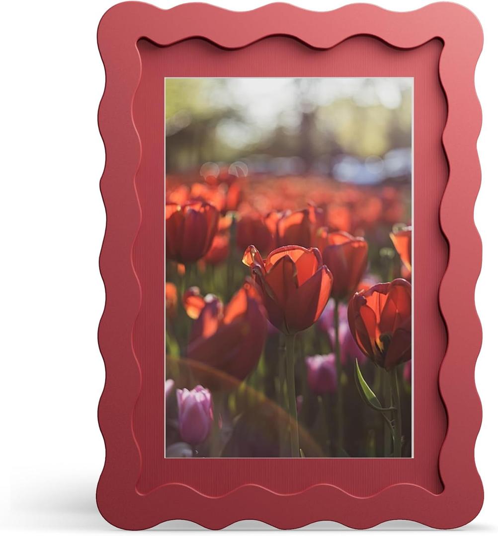 5x7 Picture Frame with Mat for 4x6, Wavy Edge Wooden Real Glass Photo Frame for Tabletop and Wall Hanging, Red, 1 Pack