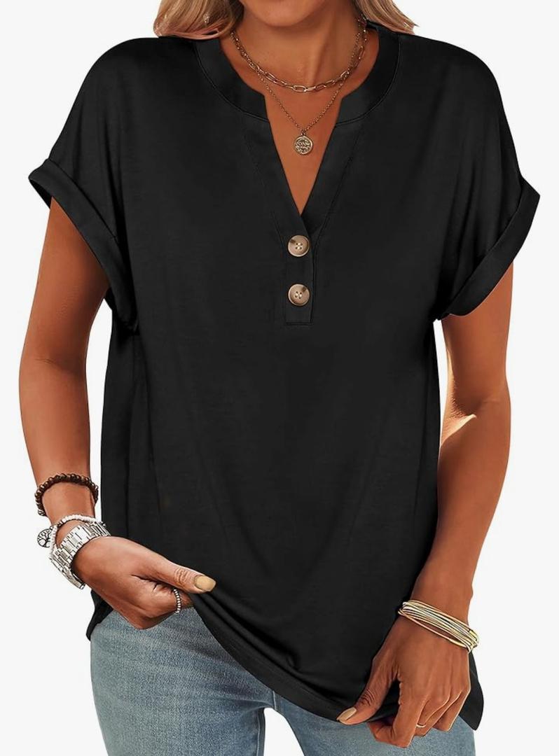 ANRABESS Womens Short Sleeve Henley Tops V Neck Dressy Casual Blouses Summer Trendy Tee Shirts 2025 Vacation Fashion Clothes Large