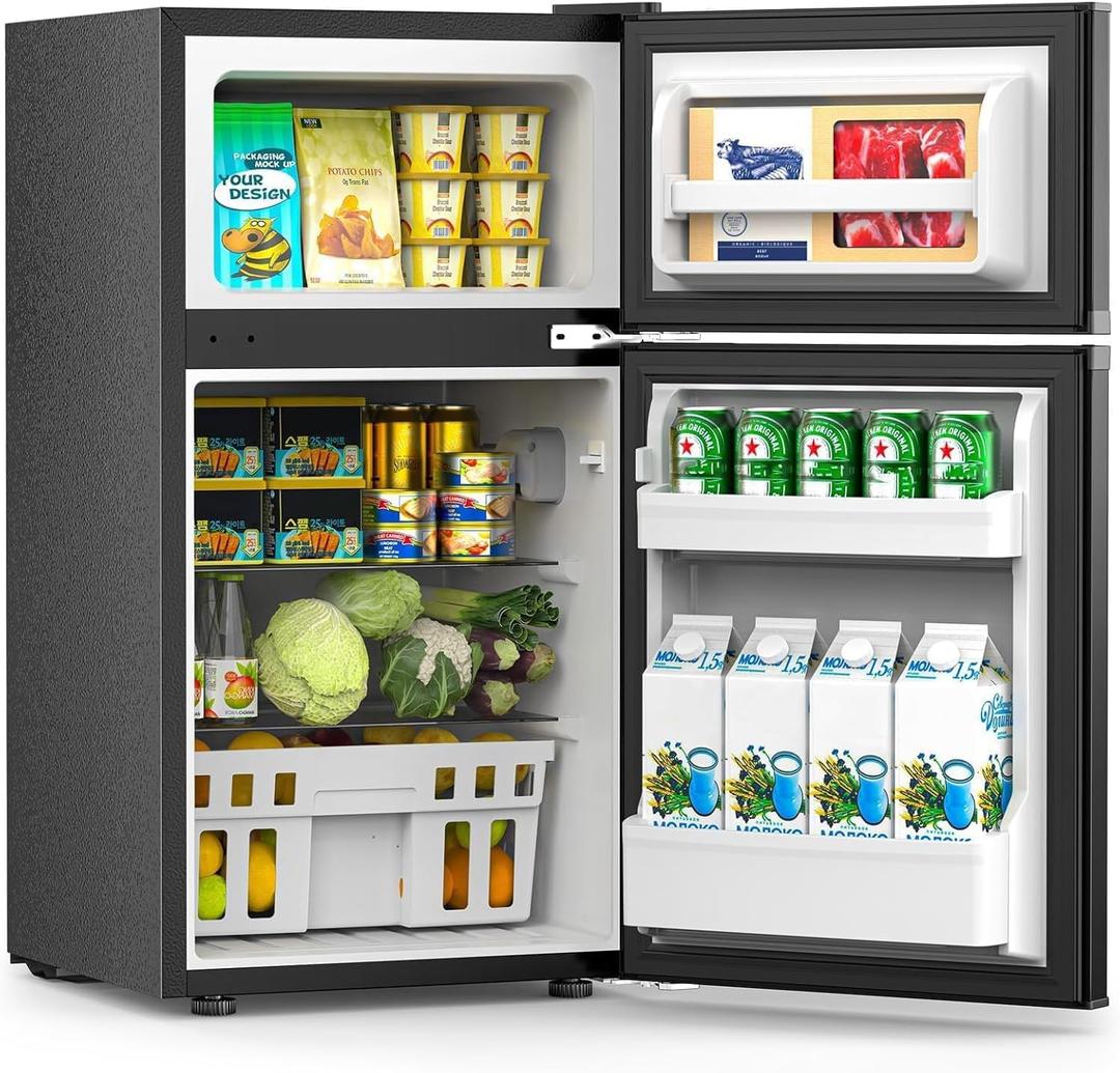 COWSAR 3.2 Cu.Ft Mini Fridge and Freezer, Double Door Compact Fridge for Bedroom, Adjustable Thermostat, Energy-efficient Low Noise Small Refrigerator For Dorm, Office, Bar, RV, Bedroom (Black)