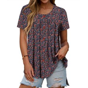 Magritta Women's T Shirts Trendy Fitted Pleated Front Summer Blouses Casual Buttons Round Neck Short Sleeve Tunic Tops (3X-Large)