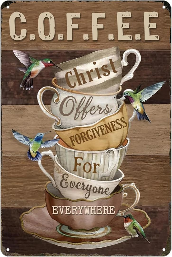 Coffee Sign Coffee Lover Gifts Christ Offers Forgiveness For Everyone Everywhere Sign Vintage Metal Tin Signs For Friends Family Bar Wall Decoration (01)
