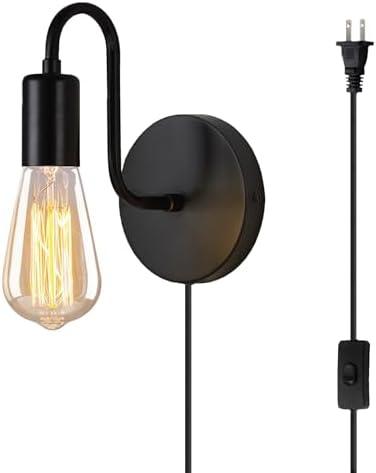 DTIEDY Plug in Wall Sconce with On Off Switch Industrial Wall Mount Light Fixture E26 Vintage Wall Sconces with Plug in Cord Black Metal Farmhouse 1-Light Wall Lamp for Bedroom Living Room