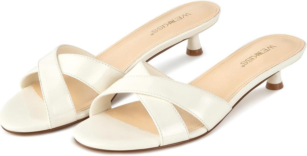 wetkiss Womens Heeled Sandals Open Round Toe Slip on Kitten Heel Mules Low Heel Slide Sandals for Women Cross Strap Backless Mule Flats Comfortable Summer Dress Heels (6, Patent White)