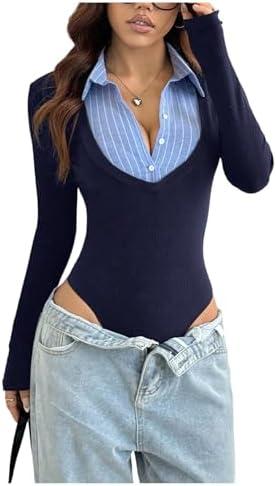 SOLY HUX Women's Striped Long Sleeve Bodysuits Button Down Tshirts Collared 2 in 1 Tops Preppy Clothes (Dark Blue, Small)