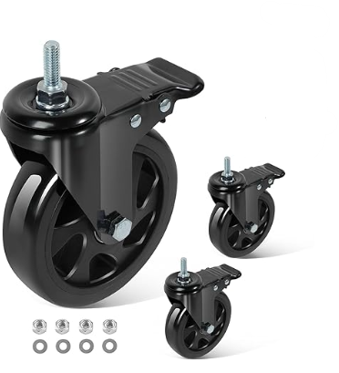 Caster Wheels 5 Inch, Swivel Threaded Stem Casters Set of 3 Heavy Duty 2400lbs, 3/8" -16 x 1 (Stem Diameter 3/8", Stem Length 1") Locking Casters Wheels Black