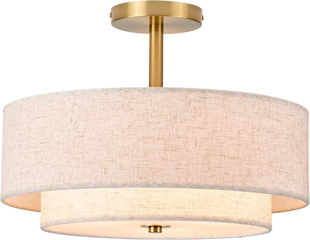 15.7 inch Modern Ceiling Light, Double Fabric Ceiling Lamp, 3 Light Gold Semi-Flush Mount Ceiling Lights, Round Ceiling Light Fixture for Bedroom, Kitchen, Dining Room, HallwayLiving Room