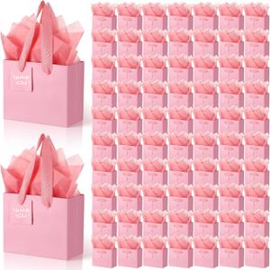 Zhanmai 100 Pcs 4.7 x 2.4 x 3.9 Mini Gift Bags Bulk with Tissue Paper Kraft Paper Bag with Handle Gift Tag for Birthday Party, Valentines Day, Baby Shower, Wedding, Mother's Day (Pink)
