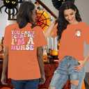 Halloween Nurse Shirt Women You Can't Scare Me I'm a Nurse T-Shirt Funny Ghost Nurse Graphic Tee Tops (Orange, XL)