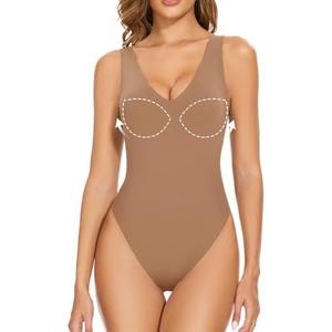 Decorus Women's Shapewear Tank Bodysuits - Plunge V Neck Sleeveless Shapewear： Built in Bra V Backless Thong Body suits Tops, Large