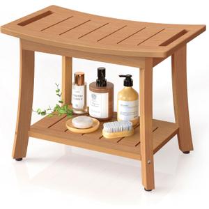 Waterproof Shower Benches for Inside Shower, Poly Lumber Shower Stool with Storage Shelf & Adjustable Feet, SPA Bathroom Seat Chair for Shaving Legs, Indoor or Outdoor Use, Teak Brown