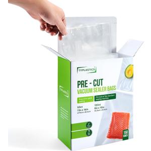 TYPLASTICS Vacuum Sealer Bags, Set of 150 Pre-Cut, Quart and Gallon, for Food Saver, Airtight Vac Storage, Meal Prep