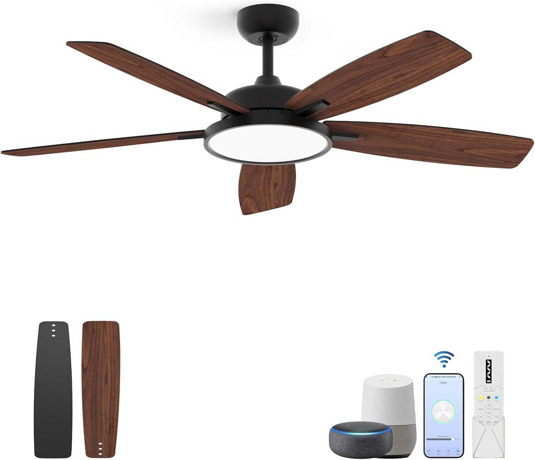 Roomratv 52 Inch Smart Ceiling Fan with Light,App Control,Ultra Silent Reversible DC Motor Fan Remote Control Compatible with Alexa Google homeblack