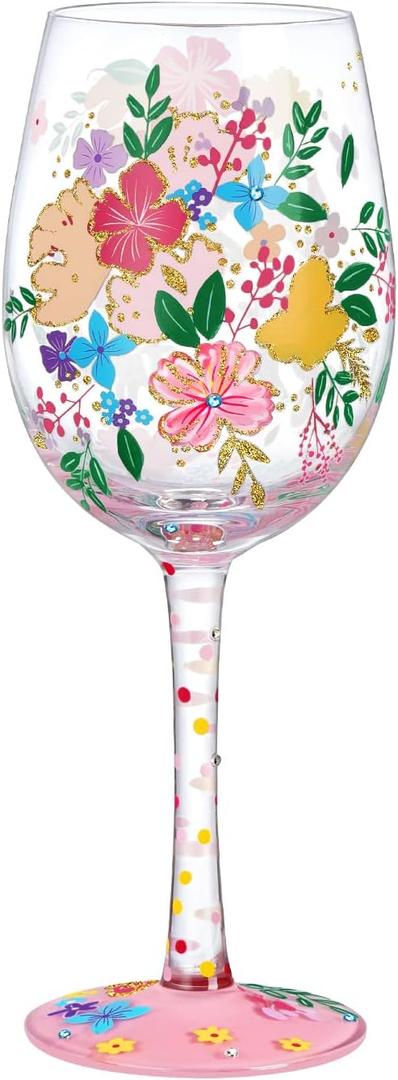 NymphFable Hand Painted Wildflowers Wine Glasses Birthday Wine Glass Birthday Gift for Women with Personalized Gift Box, 15oz