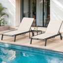 DWVO Outdoor Chaise Lounge Set, 2 Patio Chaise Lounge Chairs with Side Table, Padded Textile Pool Loungers with 5-Level Backrest and Wheels for Beach, Lawn, Porch, Garden (Beige) (Set of 3)