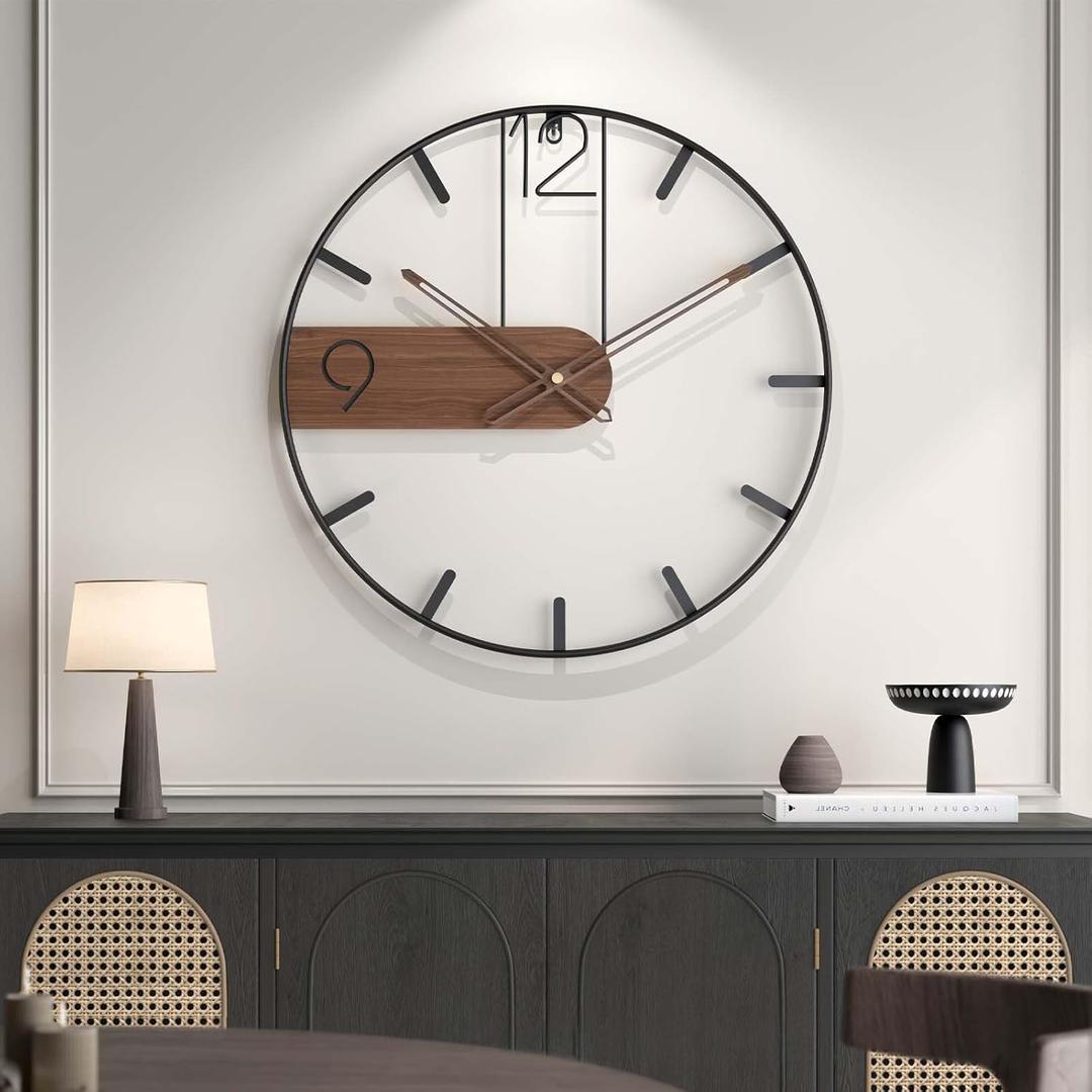 Cuspin 30 Inch Large Wall Clock, Modern Wood Metal Frame Silent Non Ticking Battery Operated Wall Clocks Decoration for Living Room, Bedroom, Kitchen, Minimalist Walnut Dial Arabic Numerals